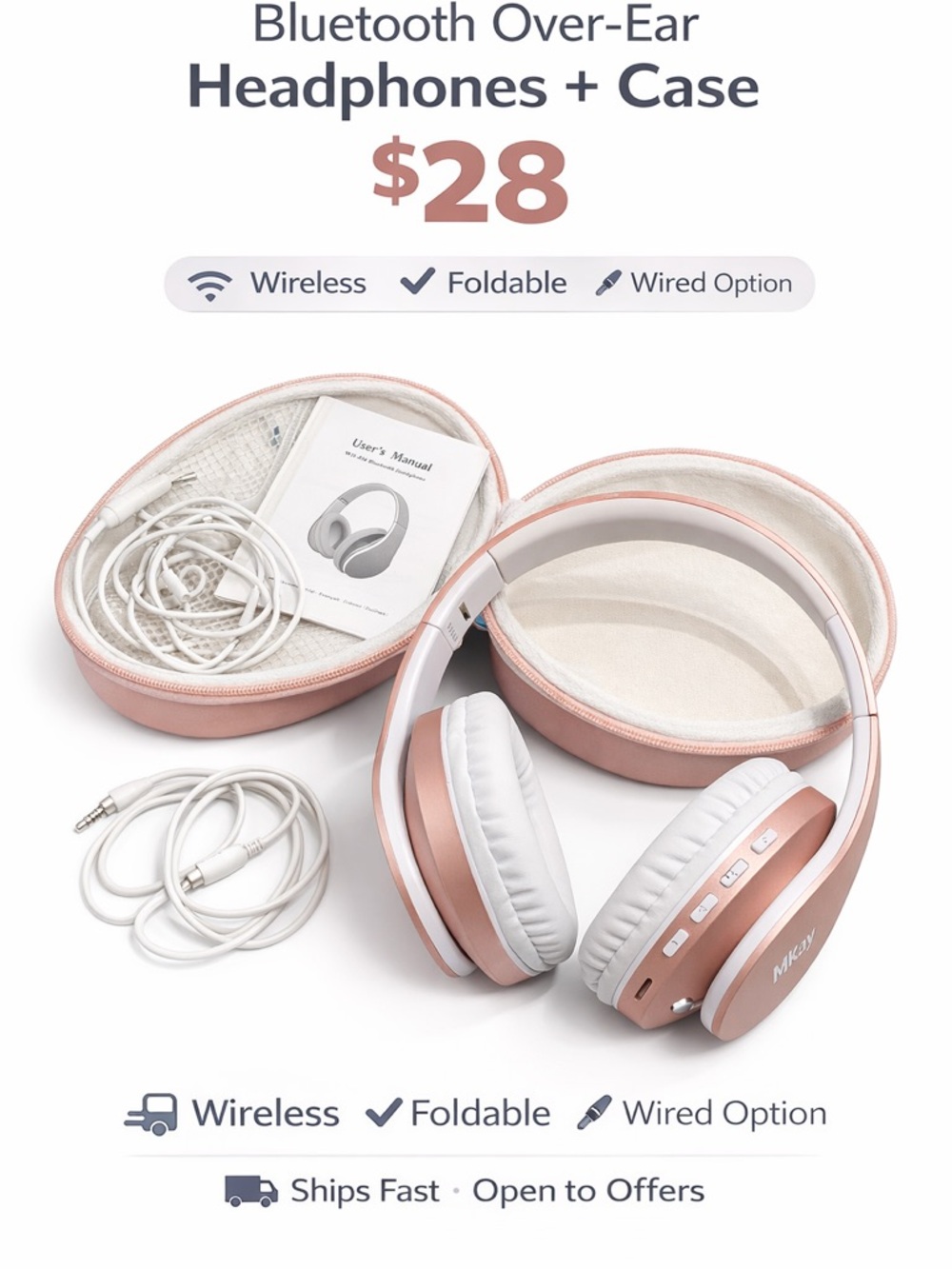 Rose Gold Wireless Over-Ear Headphones with Case